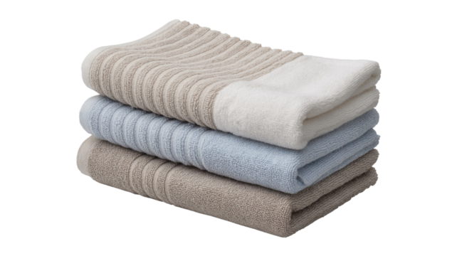 Stack of three folded towels in neutral pastel colors