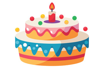 Two tiered cake shows colorful decorative candies and single candle flame on top