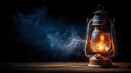 An antique kerosene lamp, weathered and worn, emits a warm glow against a backdrop of dramatic smoke.