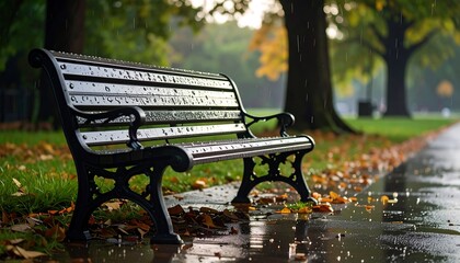 A park bench sits wet in the rain, autumn leaves scattered on the ground