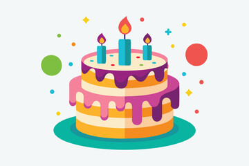 Colorful two tiered cake with three lit candles sits atop a plate
