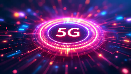 Vibrant 5G Network Connectivity Visualization with Neon Lights and Dynamic Patterns in a Futuristic Environment from a Straight-On Viewpoint