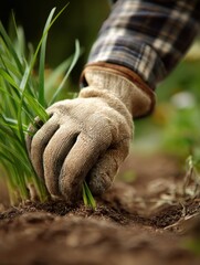 Obraz premium Gardener Tending to Fresh Green Plants in the Soil on a Sunny Day