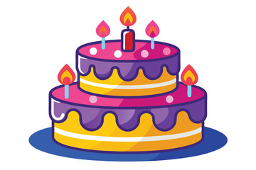 Cartoonish two layered cake with burning candles sits on a blue plate isolated
