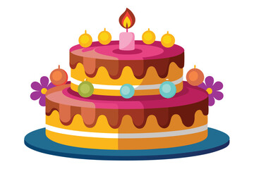 Twotiered cake shows a bright candle, dripping frosting, and colorful spherical decorations
