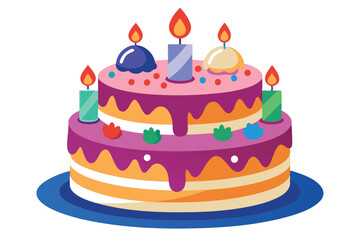 Two layered cake adorned with icing, lit candles, and placed on a blue plate