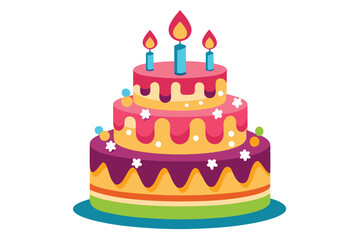 A three tier cake with melting frosting and burning candles sits on the plate