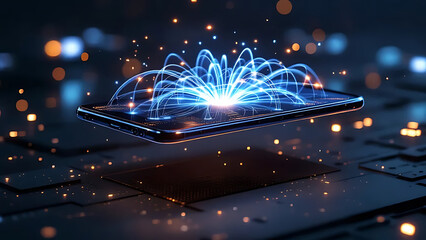 A smartphone on a keyboard emits a glowing blue energy burst surrounded by floating sparks and lights