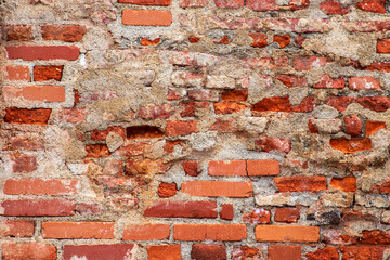 The surface of an old brick wall