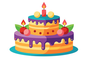 Two layered cake adorned with fruits and lit candles shines against a white background