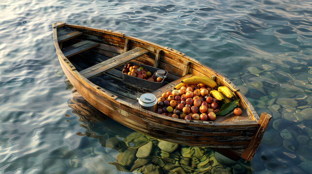 A rustic wooden boat filled with fresh produce, floating serenely on crystalclear water, showcasing natures bounty and the simple beauty of life