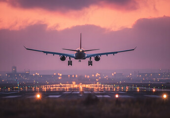 Airplane landing at sunset