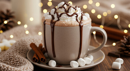 Hot chocolate topped with marshmallows, chocolate drizzle and whipped cream, cozy winter vibe with fairy lights