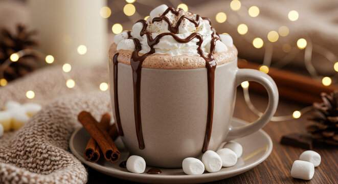 Hot chocolate topped with marshmallows, chocolate drizzle and whipped cream, cozy winter vibe with fairy lights