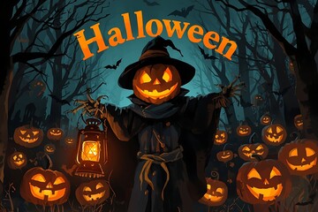 Fototapeta premium Halloween background with pumpkins and haunted house