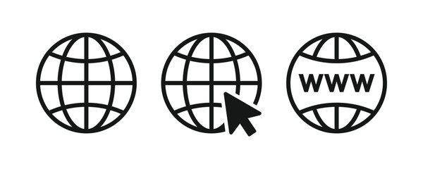 Visit website vector icon set. Web icons set. Website, globe icon set. Browser globe outline icons, www signs © Khuki