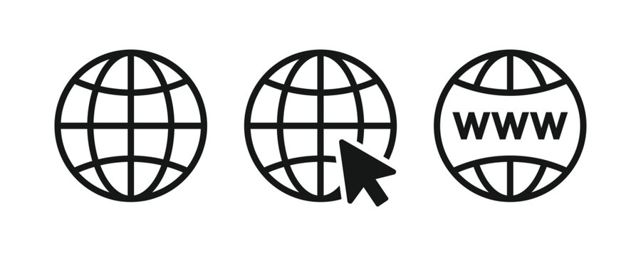 Visit website vector icon set. Web icons set. Website, globe icon set. Browser globe outline icons, www signs