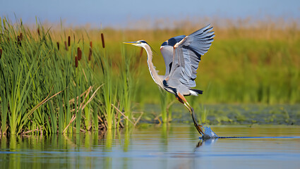 Great Blue Heron Taking Flight Over Water with Cattails in the Background bird avian