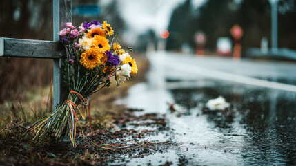 Roadside memorial flowers on rainy day with cross as tribute to accident victim