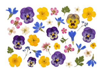 Vibrant pressed, dried botanical elements: purple pansies, yellow buttercups, blue petals, pink/white blossoms, green leaves, flat lay on white, studio light, concept of botanical artistry and