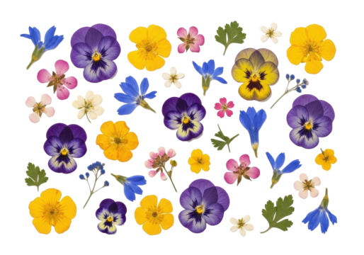 Vibrant pressed, dried botanical elements: purple pansies, yellow buttercups, blue petals, pink/white blossoms, green leaves, flat lay on white, studio light, concept of botanical artistry and - Powered by Adobe