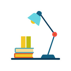 Stylized Illustration of Desk Lamp Illuminating Stack of Books on Dark Background