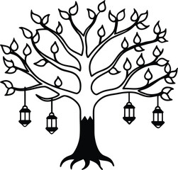 fantasy tree with swinging lanterns illustration on transparent background