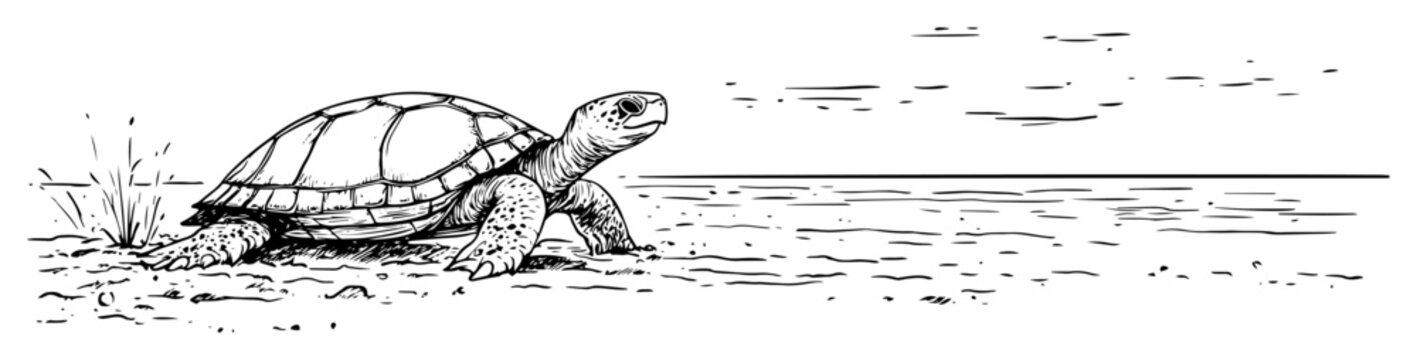 sea turtle walking on shore drawing