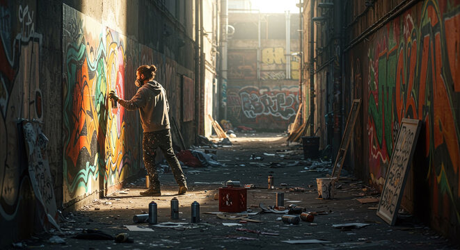 Graffiti Artist Creating Vibrant Street Art in a Gritty Alleyway