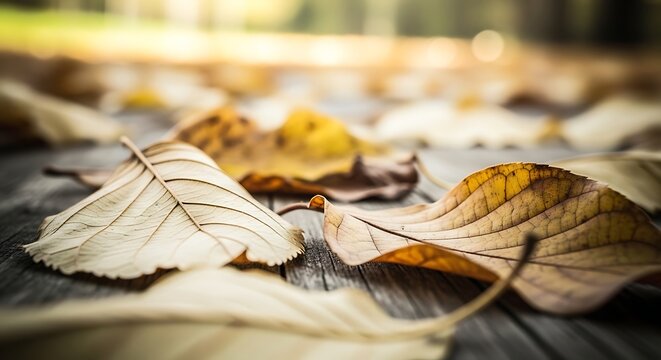 Closeup of fallen autumn leaves on a wooden surface in warm sunlight