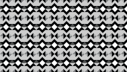 A seamless monochrome geometric pattern featuring black, gray, and white shapes arranged in a modern abstract style