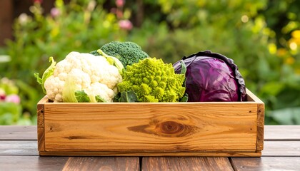 Wooden crate with cauliflower, broccoli, Romanesco and red cabbage outdoors