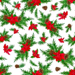 Seamless pattern with watercolor Christmas tree fir branches red flowers poinsettia Illustration berries holly hand drawn. White background