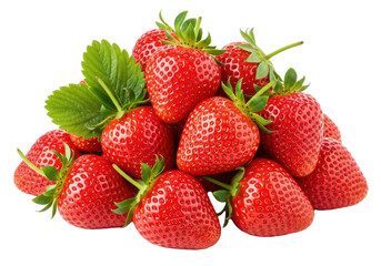 A generous pile of fresh, ripe red strawberries with visible achenes, vibrant green leaves, and subtle dew drops, on a transparent isolated background. Concept of natural freshness