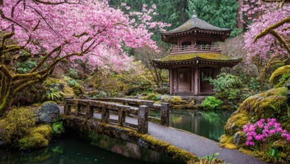 Fototapeta premium A tranquil Japanese garden scene, featuring a serene wooden pagoda, blossoming cherry trees, and a peaceful pond.