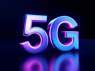 3D rendering of shiny metallic 5G text with glowing blue and purple hues on a dark reflective surface, representing high-speed mobile internet technology and future telecommunications advancements