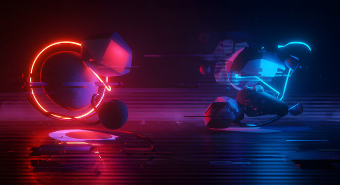 Cyberpunk neon glitch abstract shapes, futuristic