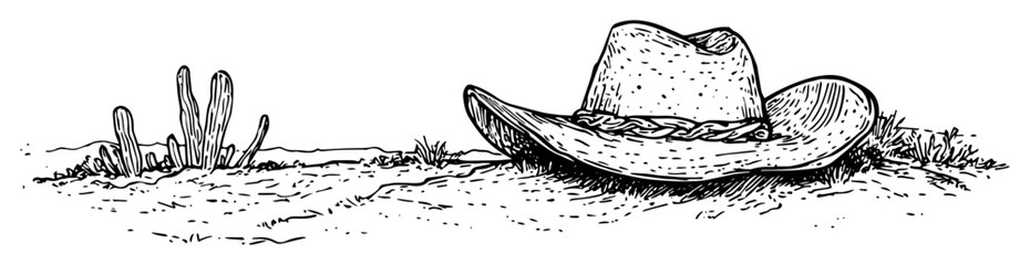 western cowboy hat on desert ground sketch