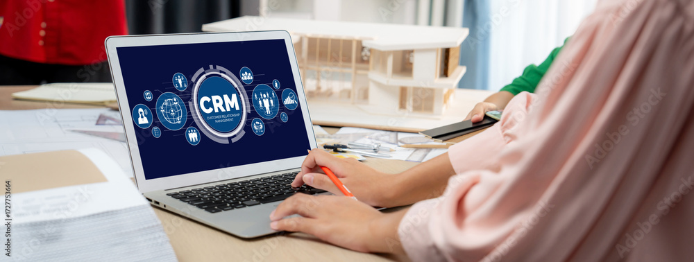 Poster customer relationship management system on brisk computer for crm business and enterprise