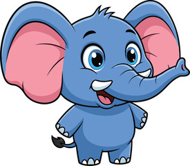 Cartoon blue elephant standing upright with cheerful smile and extended trunk, friendly animal character, vector illustration for kids, jungle and wildlife content