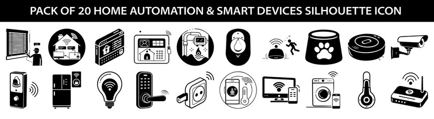 Home Automation and Smart Devices Silhouette Icon Set – Smart Home Technology Vector Bundle