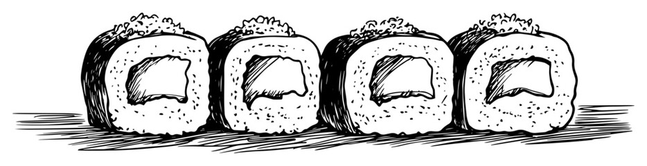 set of four sushi rolls sketch drawing