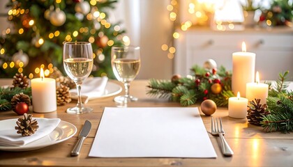 Festive Christmas dinner table setting with candles, wine glasses, and soft bokeh lights