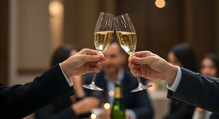 Hands toasting with champagne glasses during corporate celebration, symbolizing success and teamwork