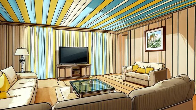 A sun-drenched living room interior with pastel colors and striped ceiling.