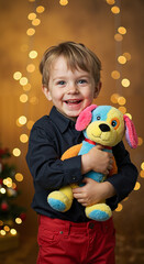 Birthday boy holding stuffed animal with festive lights in the background
