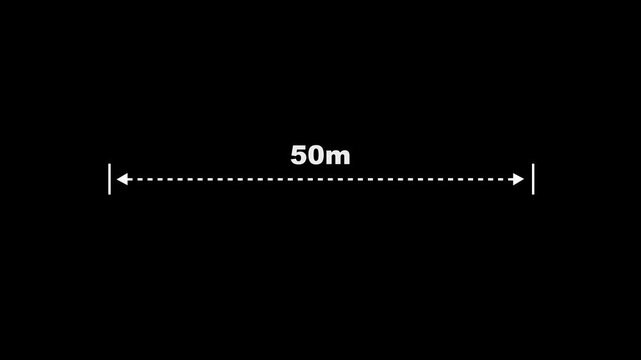 Measuring distance length dotted line animation. A dotted line representing a 50 meter measurement for design and layout purposes. 50 meter dimension dotted line for measurement.