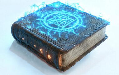 Ancient spellbook said to hover in the air with glowing circular rings protecting forbidden secrets of lost sorcerers and forgotten arcane civilizations isolated on transparent background PNG