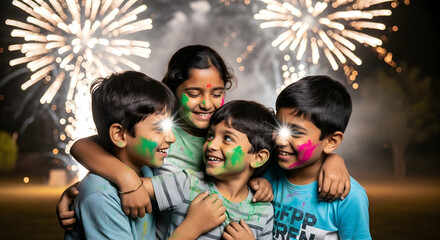 Four children with colorful faces joyfully hug each other under a sky filled with fireworks, capturing the excitement, friendship, and festive spirit of celebration on a magical night.


