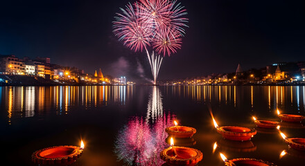 A mesmerizing Diwali night scene with floating diyas on the river and spectacular fireworks illuminating the sky, reflecting the spirit of hope, light, and unity during the festival of lights.


